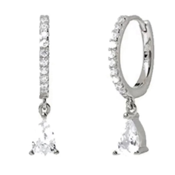 Modest Lu Jewelry - Silver Crystal Tear Drop Huggie Hoop Earrings